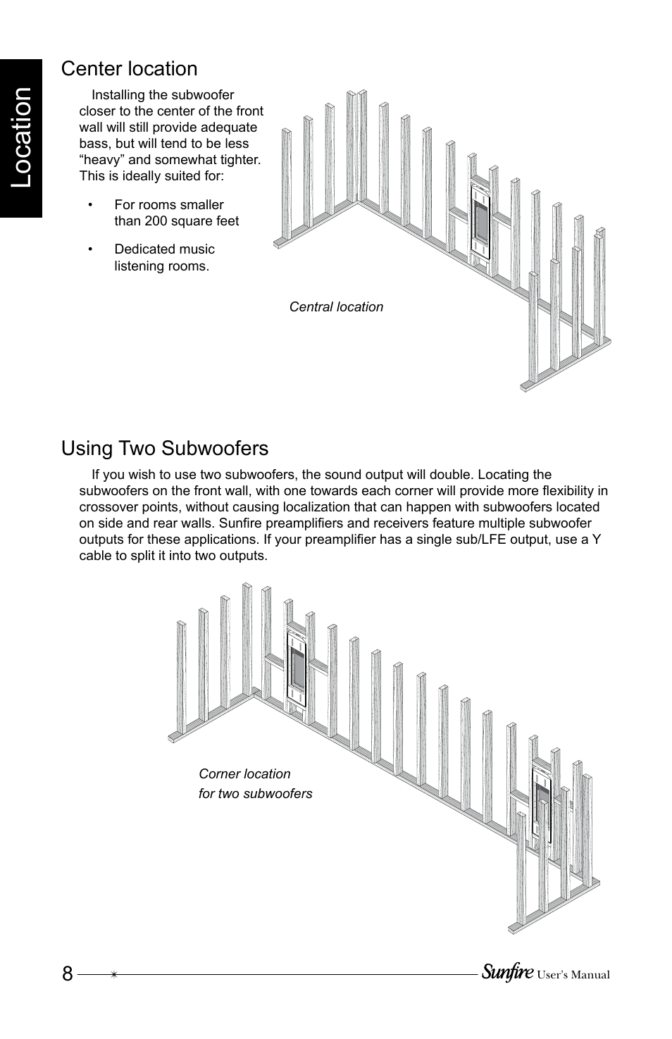 Location, Center location, Using two subwoofers | Sunfire SRS210W-C User Manual | Page 8 / 20