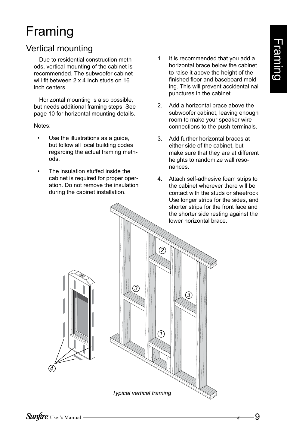 Framing, Vertical mounting | Sunfire SRS210W-C User Manual | Page 9 / 20
