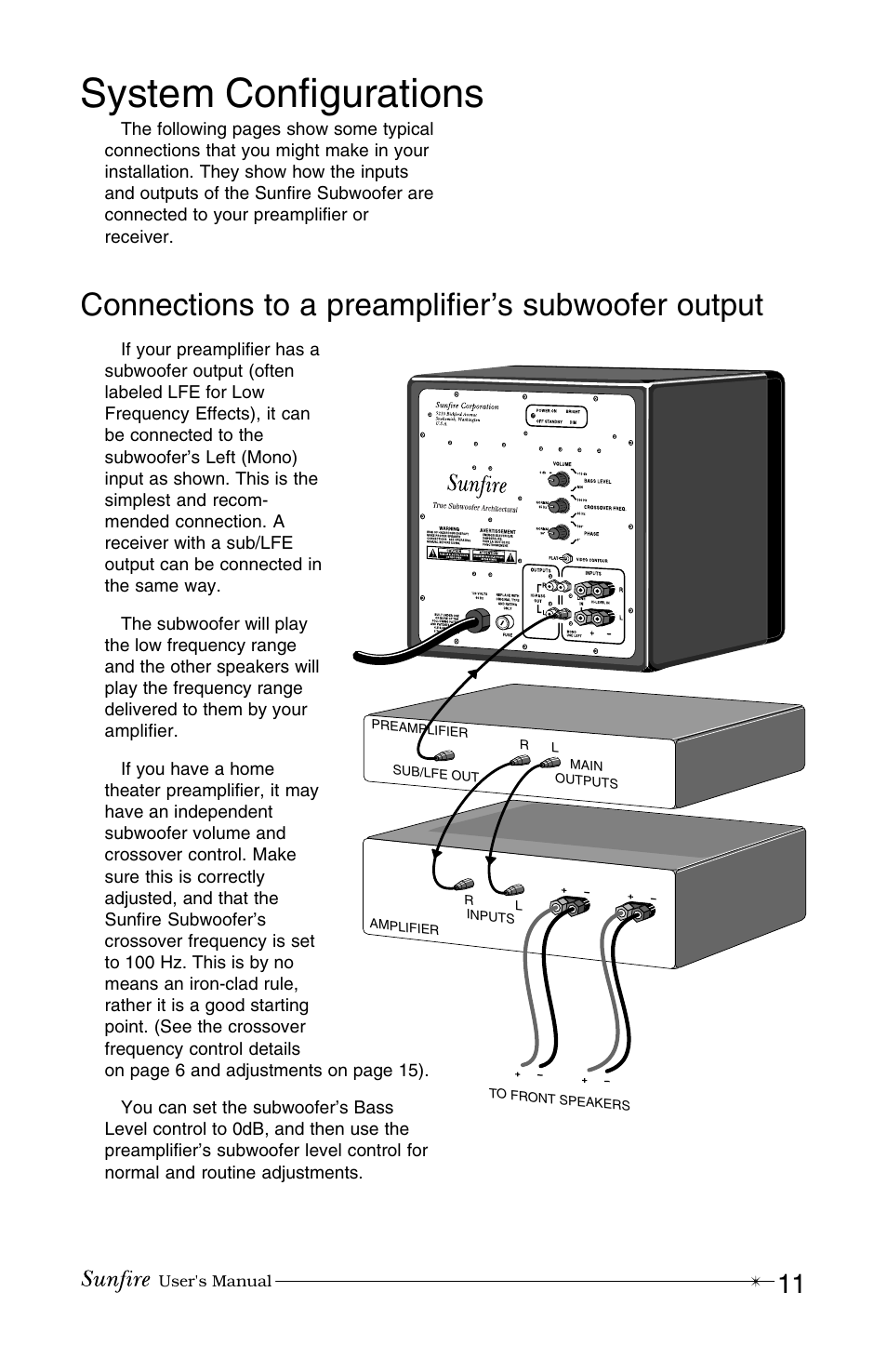 System configurations, Connections to a preamplifier’s subwoofer output | Sunfire True Subwoofer Architectural User Manual | Page 11 / 20