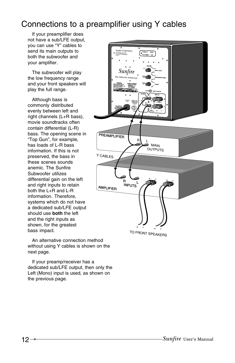 Connections to a preamplifier using y cables | Sunfire True Subwoofer Architectural User Manual | Page 12 / 20
