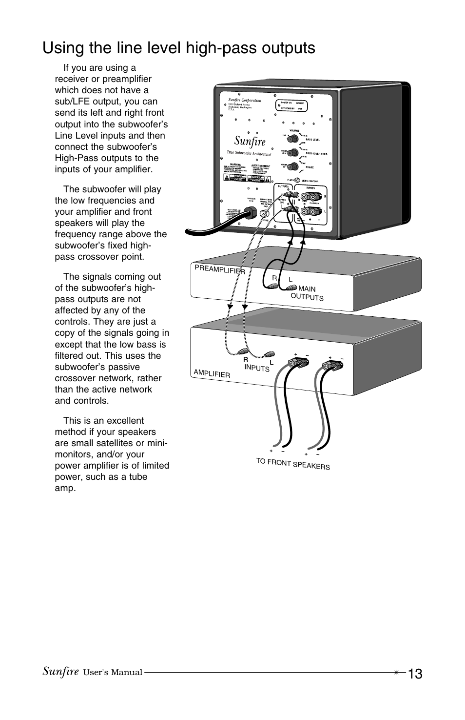 Using the line level high-pass outputs | Sunfire True Subwoofer Architectural User Manual | Page 13 / 20