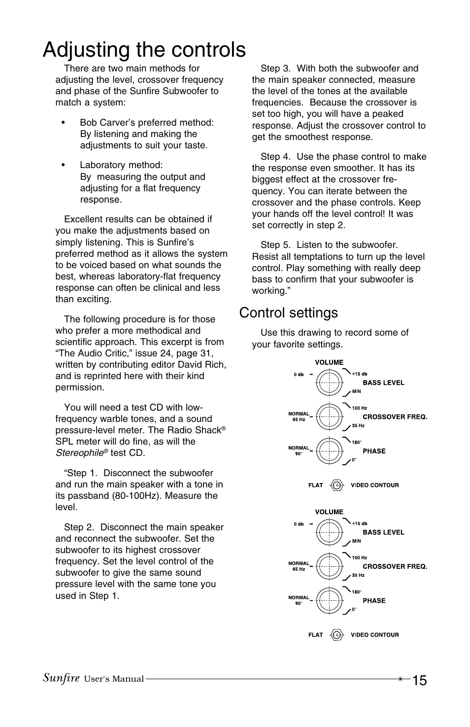 Adjusting the controls, Control settings | Sunfire True Subwoofer Architectural User Manual | Page 15 / 20