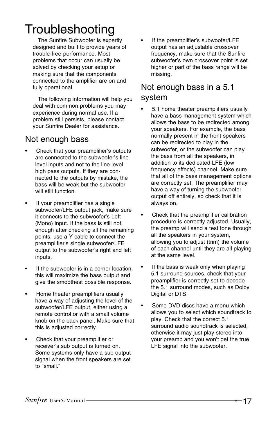 Troubleshooting, Not enough bass, Not enough bass in a 5.1 system | Sunfire True Subwoofer Architectural User Manual | Page 17 / 20