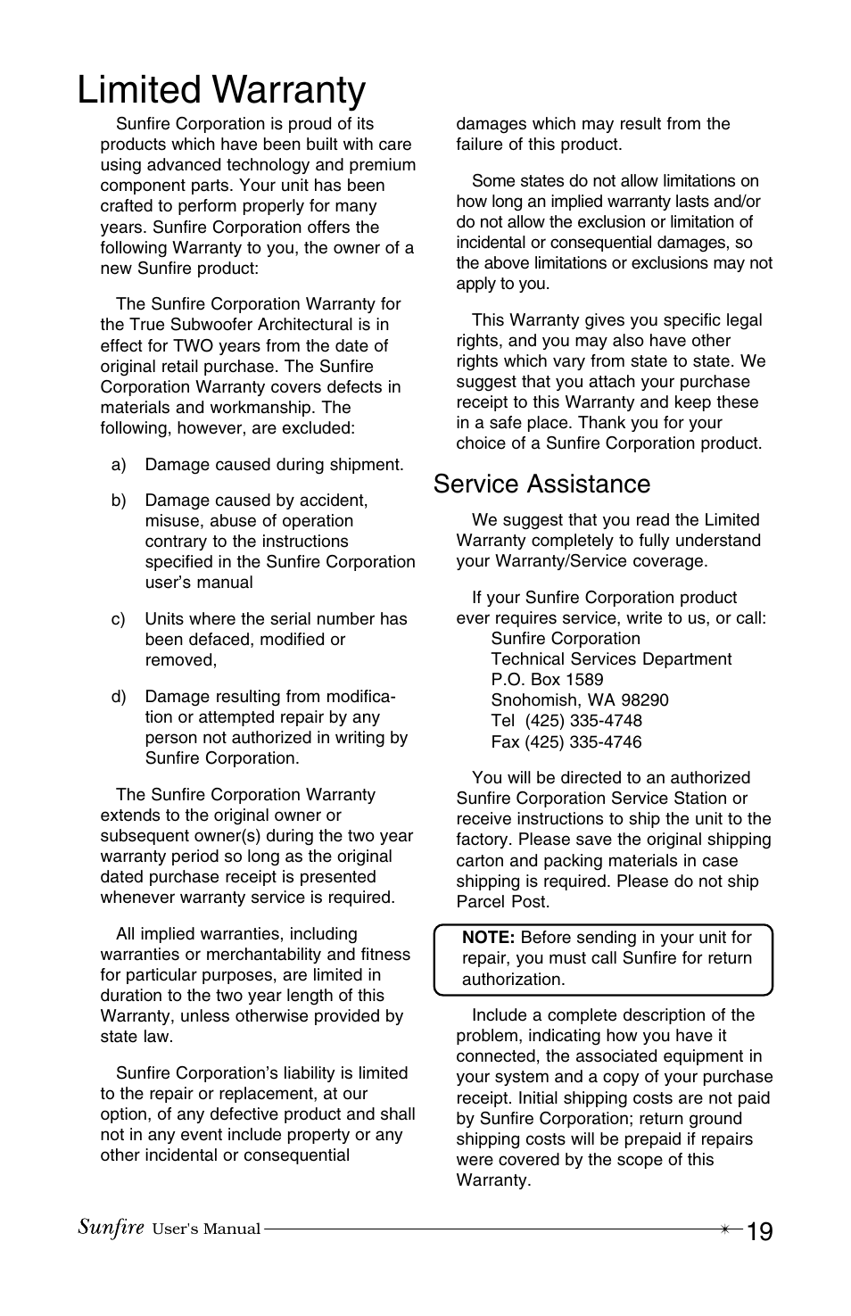 Limited warranty, Service assistance | Sunfire True Subwoofer Architectural User Manual | Page 19 / 20