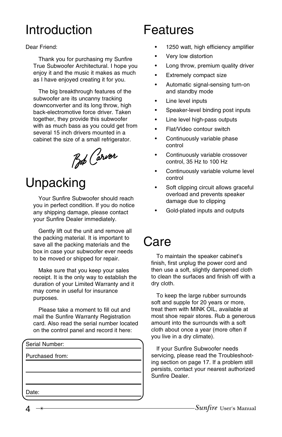 Unpacking features, Introduction, Care | Sunfire True Subwoofer Architectural User Manual | Page 4 / 20