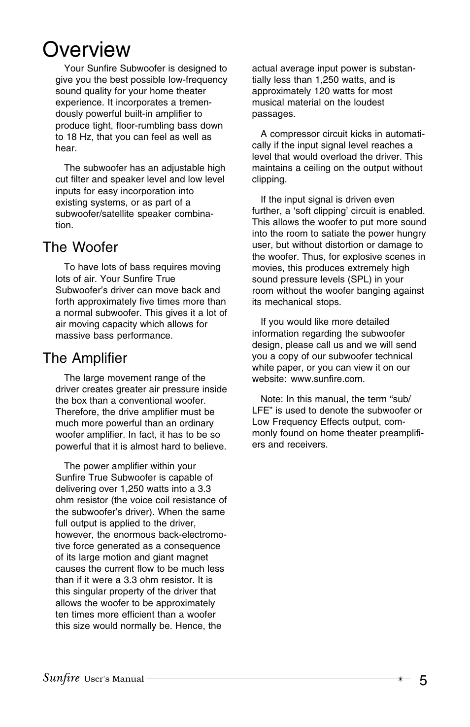 Overview, The woofer, The amplifier | Sunfire True Subwoofer Architectural User Manual | Page 5 / 20