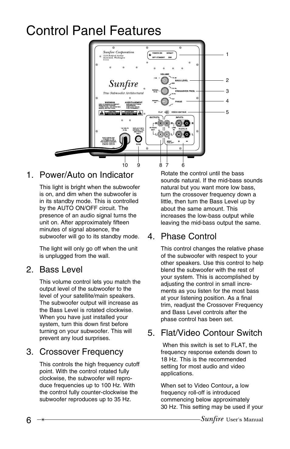 Control panel features, Power/auto on indicator, Bass level | Crossover frequency, Phase control, Flat/video contour switch | Sunfire True Subwoofer Architectural User Manual | Page 6 / 20