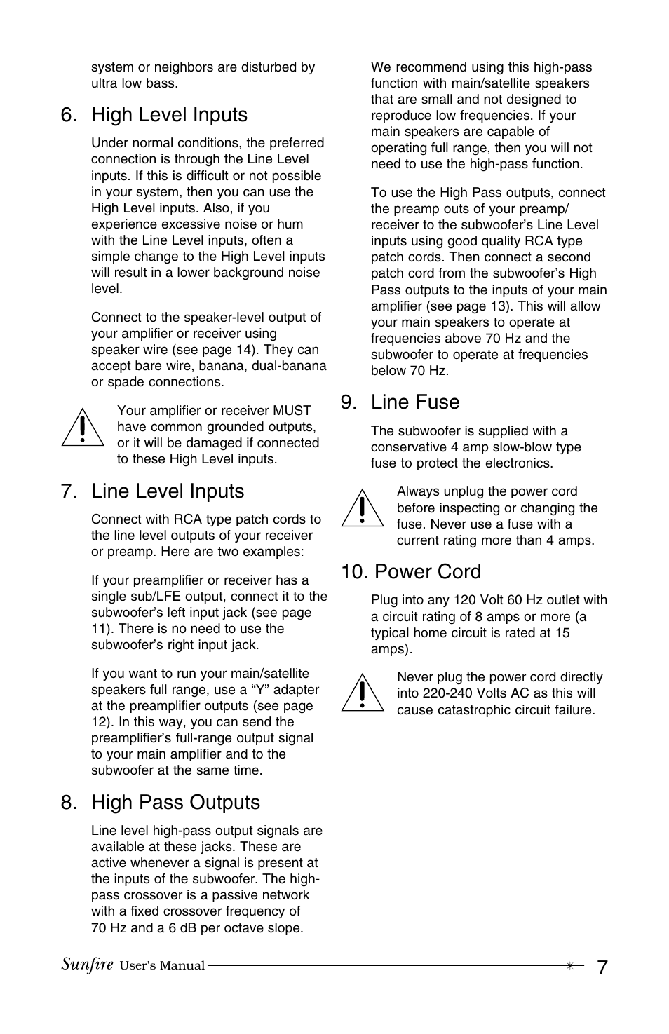High level inputs, Line level inputs, High pass outputs | Line fuse, Power cord | Sunfire True Subwoofer Architectural User Manual | Page 7 / 20