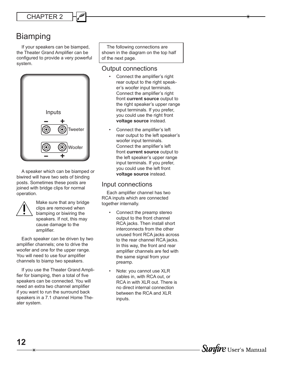 Bi amp ing, Chapter 2, Output connections | Input connections | Sunfire TGA-7200 User Manual | Page 12 / 20