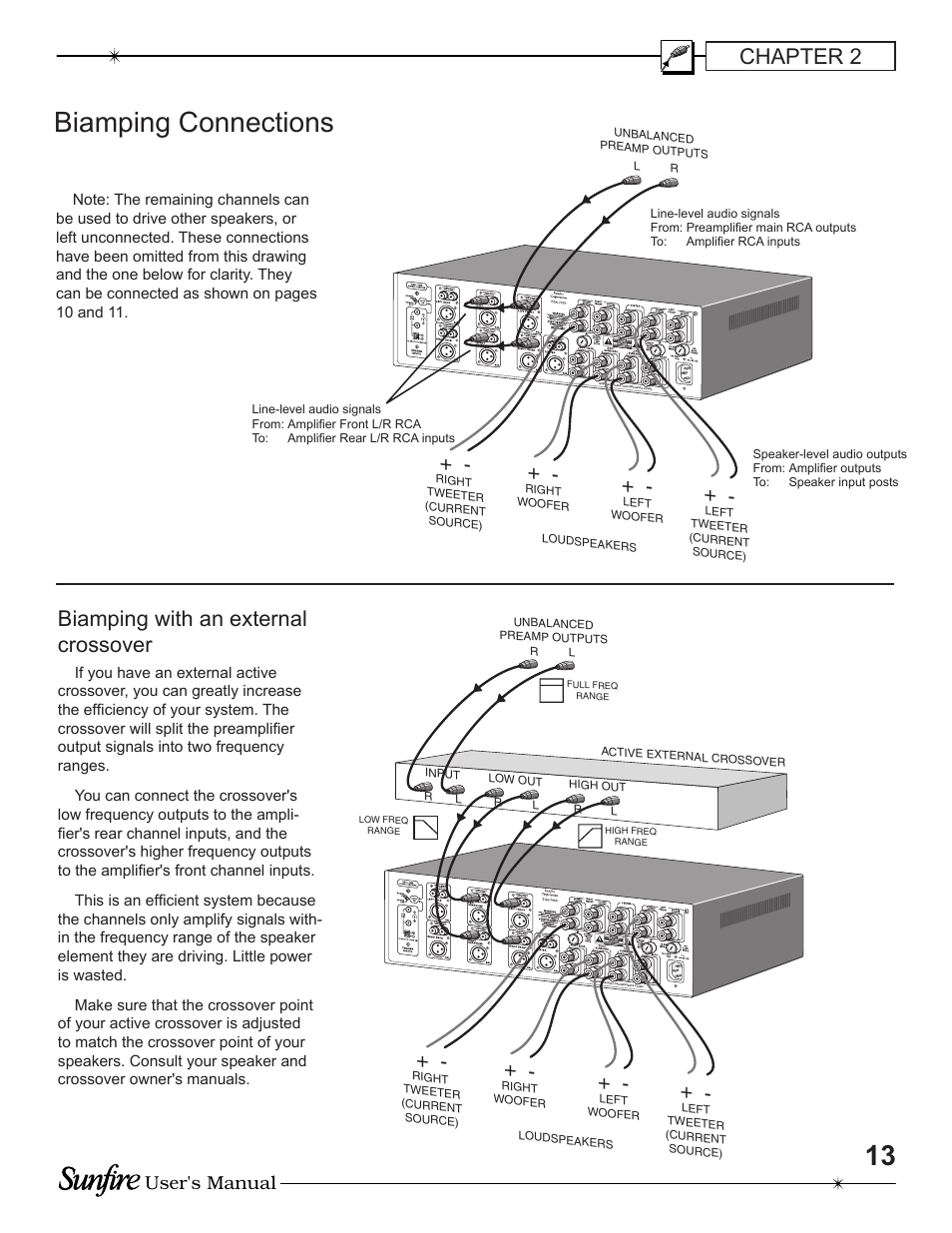 Biamping connections, Chapter 2, Biamping with an external crossover | User's manual | Sunfire TGA-7200 User Manual | Page 13 / 20