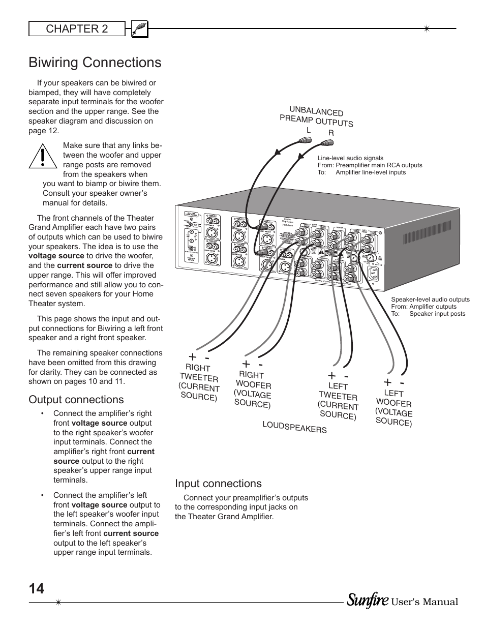 Biwiring connections, Chapter 2, Output connections | Input connections | Sunfire TGA-7200 User Manual | Page 14 / 20