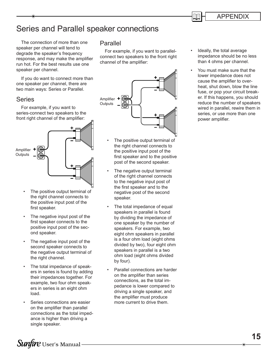 Series and parallel speaker con nec tions, Appendix, Series | Parallel | Sunfire TGA-7200 User Manual | Page 15 / 20