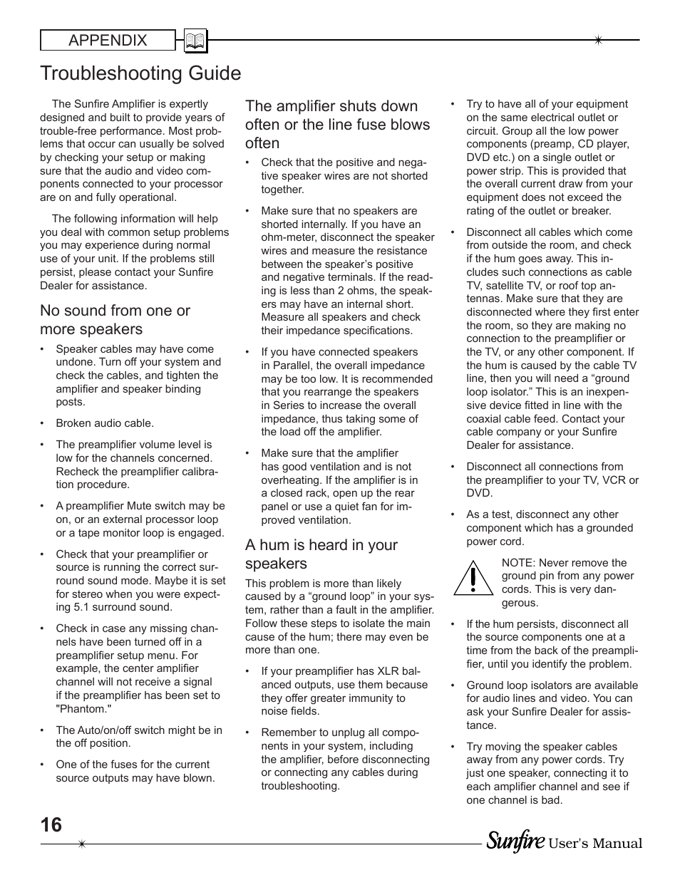 Troubleshooting guide, Appendix, No sound from one or more speakers | A hum is heard in your speak ers | Sunfire TGA-7200 User Manual | Page 16 / 20