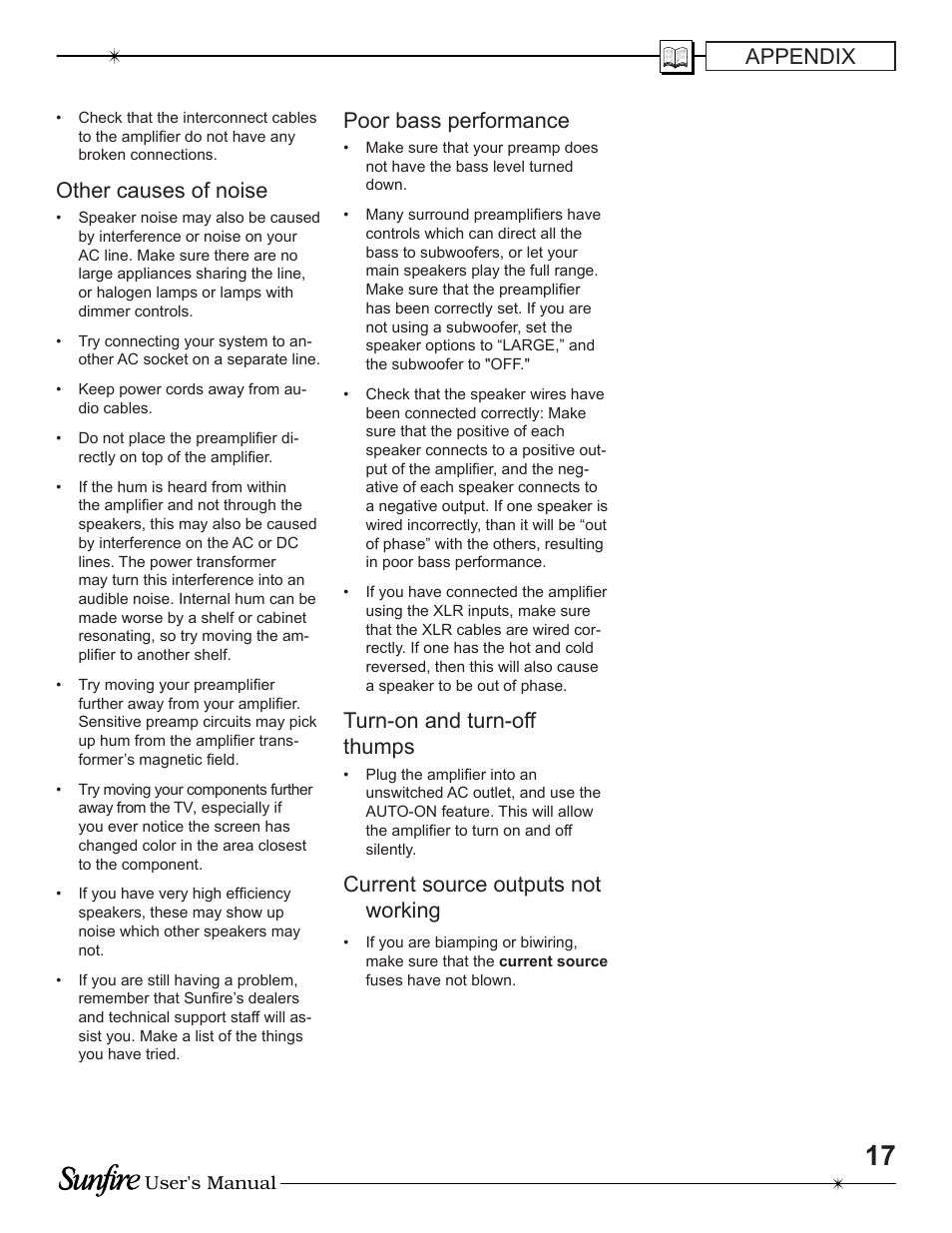 Appendix, Other causes of noise, Poor bass performance | Turn-on and turn-off thumps, Current source outputs not work ing | Sunfire TGA-7200 User Manual | Page 17 / 20