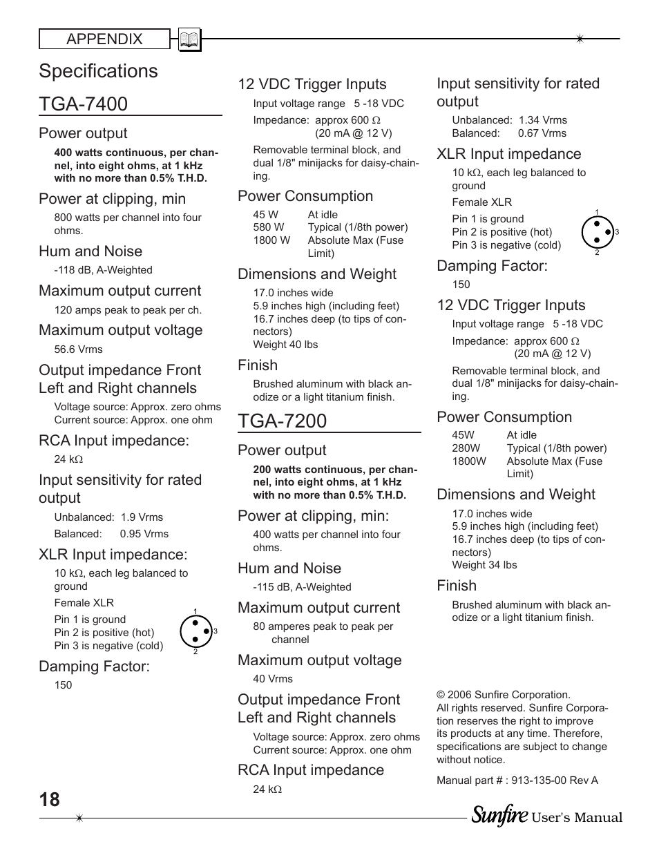 Tga-7400, Tga-7200, Specifi cations | Sunfire TGA-7200 User Manual | Page 18 / 20