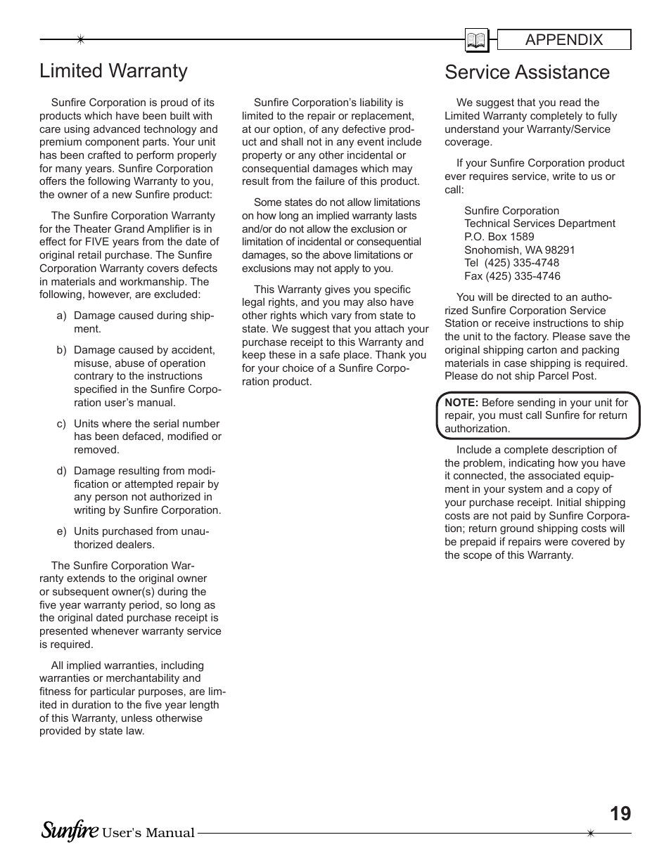 Limited warranty, Service assistance, Appendix | Sunfire TGA-7200 User Manual | Page 19 / 20