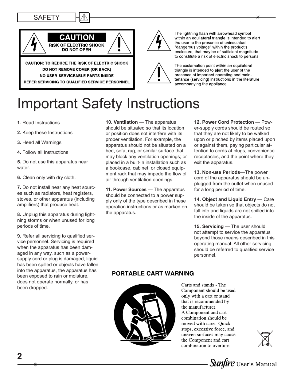 Important safety in struc tions | Sunfire TGA-7200 User Manual | Page 2 / 20