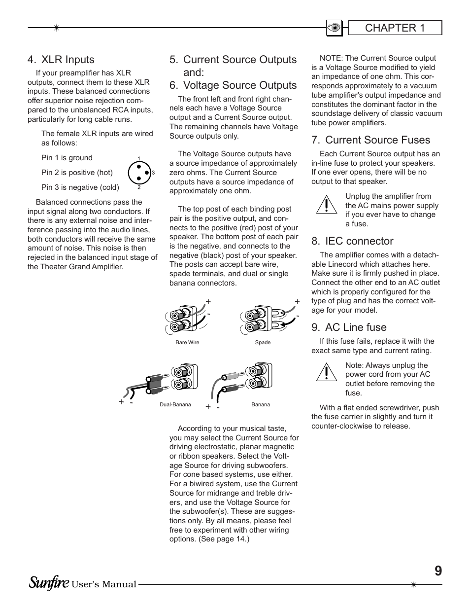 Xlr inputs, Current source fuses, Iec connector | Ac line fuse, Chapter 1 | Sunfire TGA-7200 User Manual | Page 9 / 20