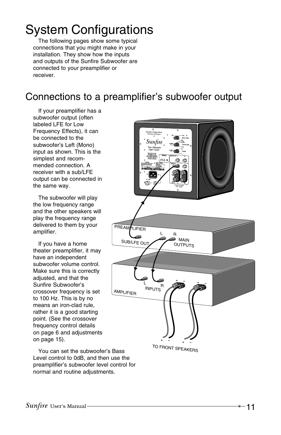 System configurations, Connections to a preamplifier’s subwoofer output | Sunfire True Subwoofer Super Junior User Manual | Page 11 / 20