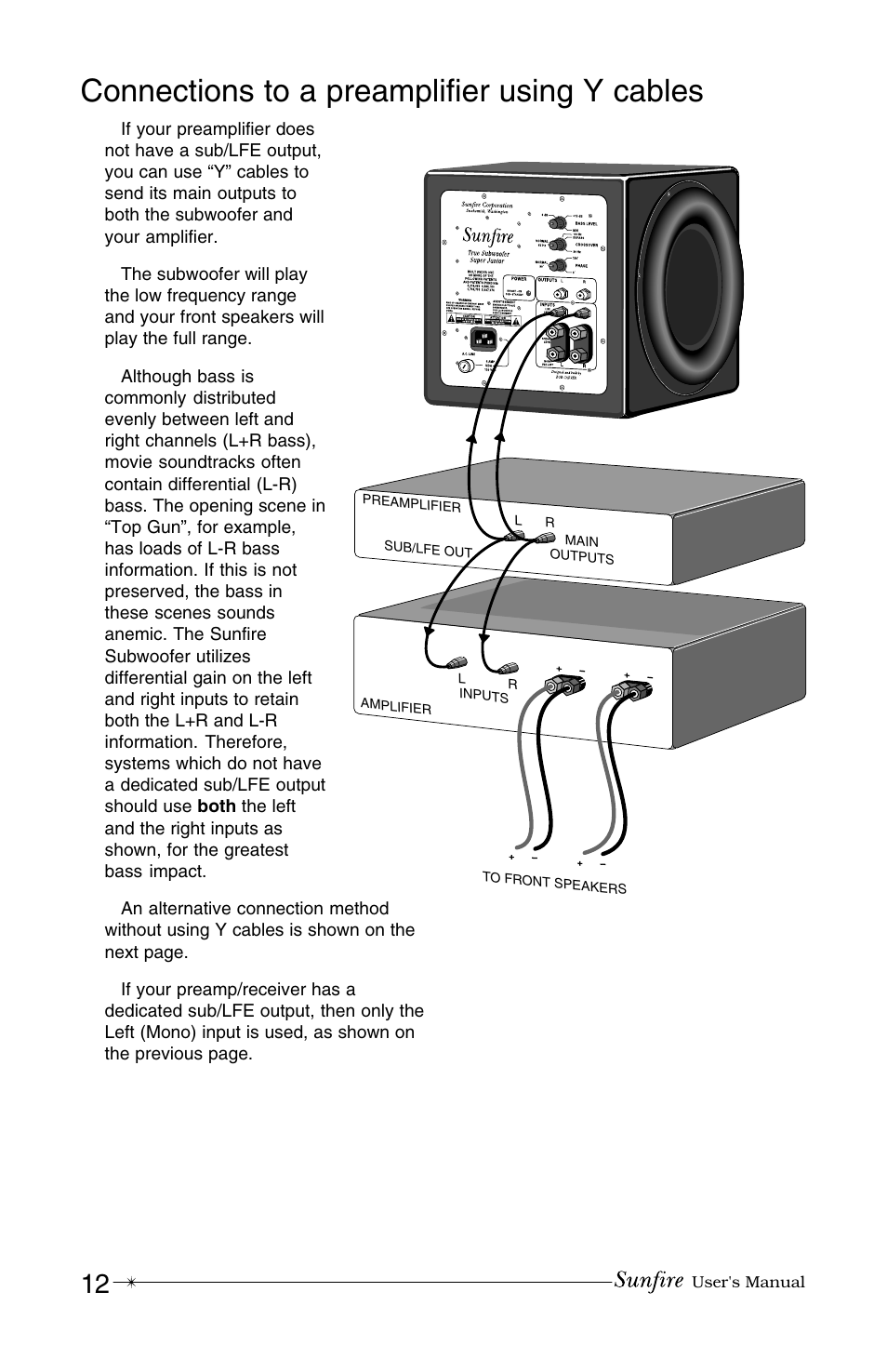 Connections to a preamplifier using y cables | Sunfire True Subwoofer Super Junior User Manual | Page 12 / 20