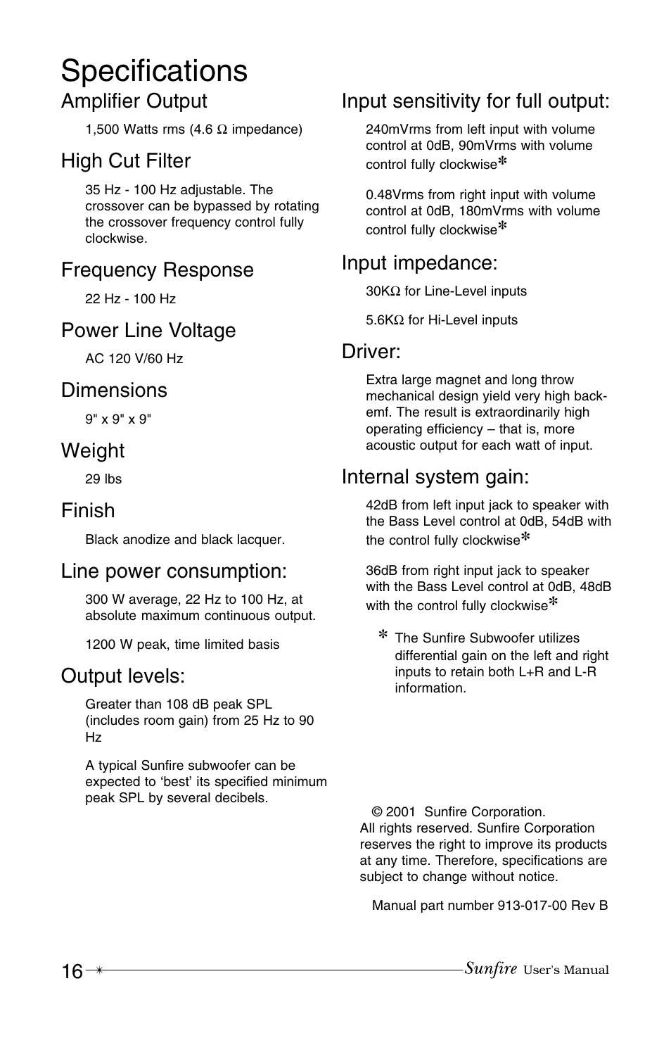 Specifications, Amplifier output, High cut filter | Frequency response, Power line voltage, Dimensions, Weight, Finish, Line power consumption, Output levels | Sunfire True Subwoofer Super Junior User Manual | Page 16 / 20
