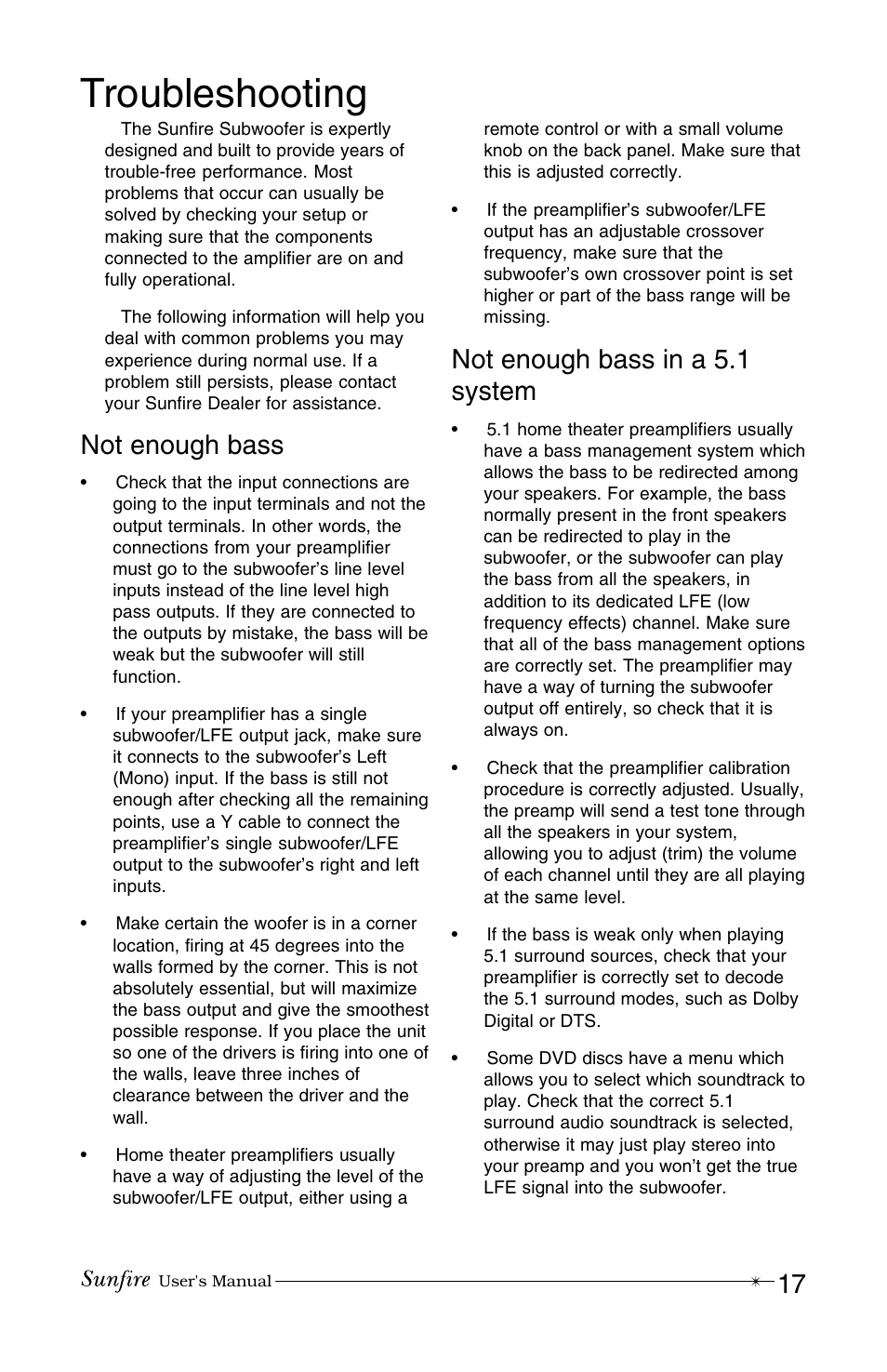 Troubleshooting, Not enough bass, Not enough bass in a 5.1 system | Sunfire True Subwoofer Super Junior User Manual | Page 17 / 20