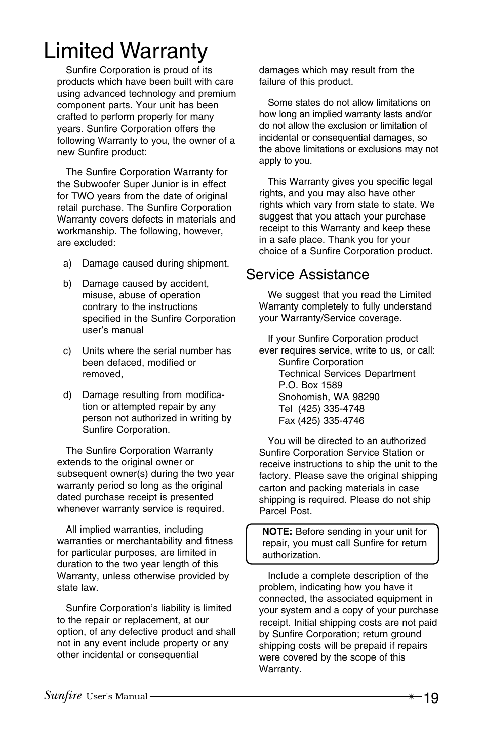 Limited warranty, Service assistance | Sunfire True Subwoofer Super Junior User Manual | Page 19 / 20