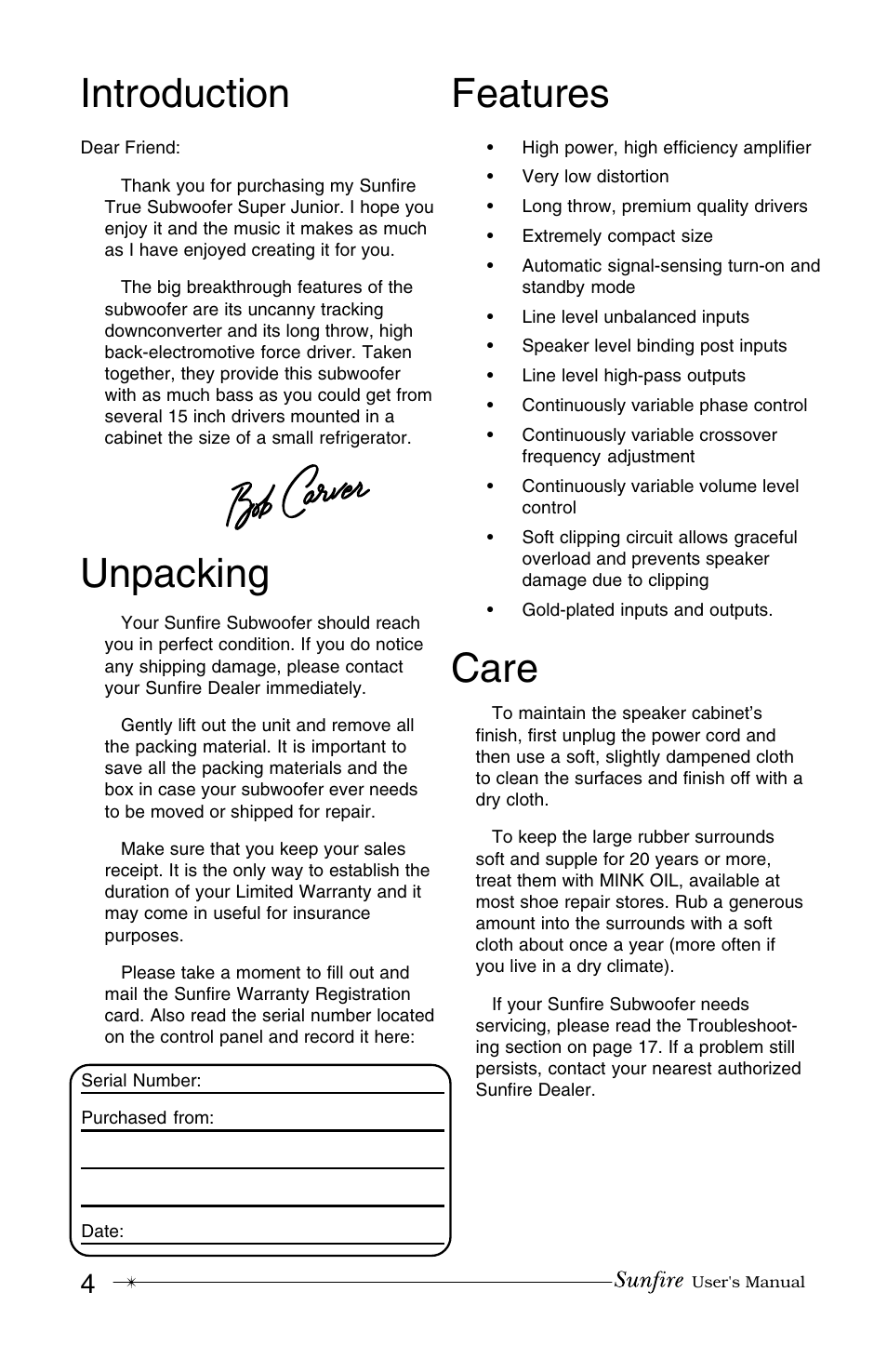 Unpacking features, Introduction, Care | Sunfire True Subwoofer Super Junior User Manual | Page 4 / 20