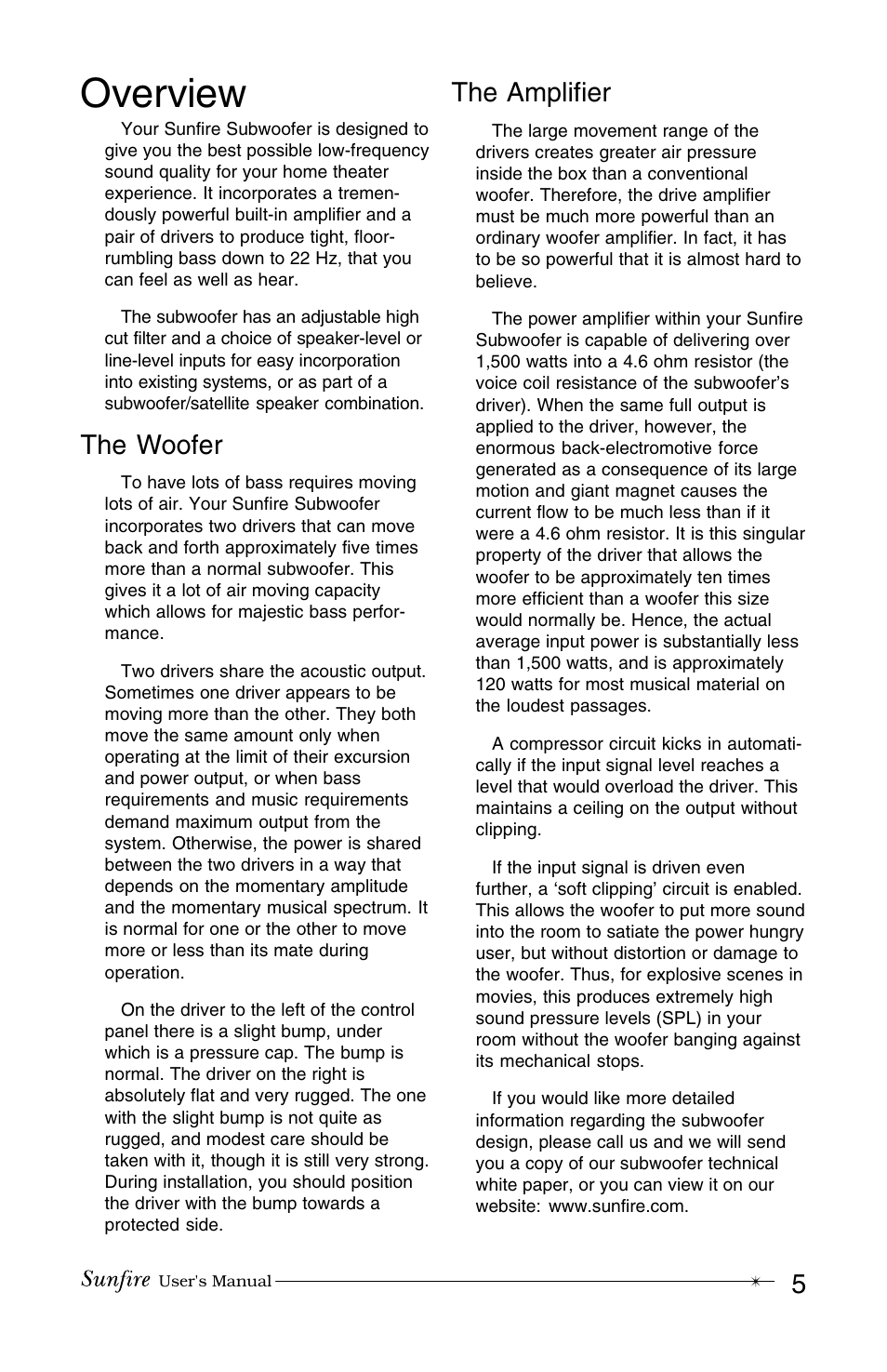 Overview, The woofer, The amplifier | Sunfire True Subwoofer Super Junior User Manual | Page 5 / 20