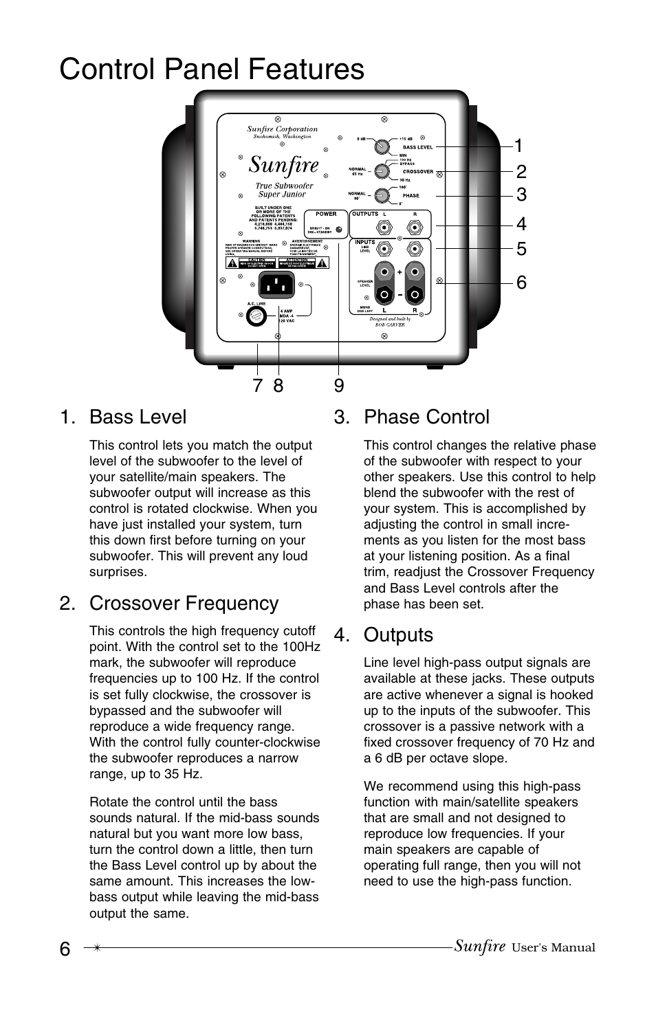 Control panel features, Bass level, Crossover frequency | Phase control, Outputs | Sunfire True Subwoofer Super Junior User Manual | Page 6 / 20