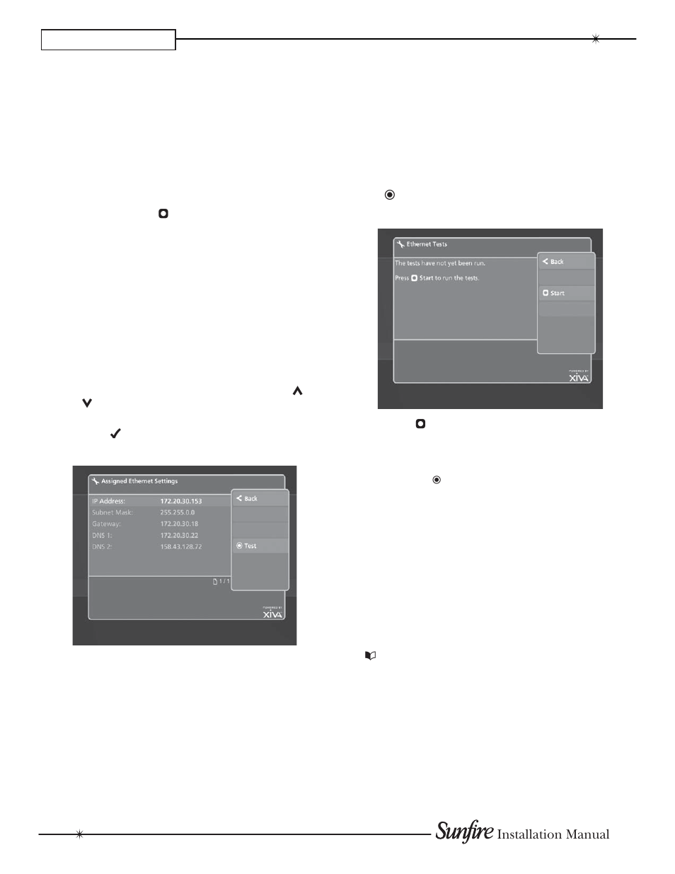 Chapter 3, Viewing assigned ethernet settings, Ethernet tests | Confi guration using web interface, Installation manual | Sunfire TGM-100C User Manual | Page 30 / 44