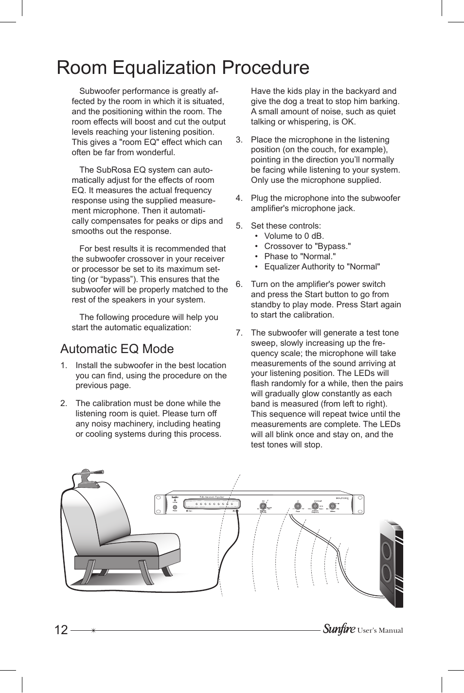 Room equalization procedure, Automatic eq mode | Sunfire Subrosa SRS-210R User Manual | Page 12 / 24