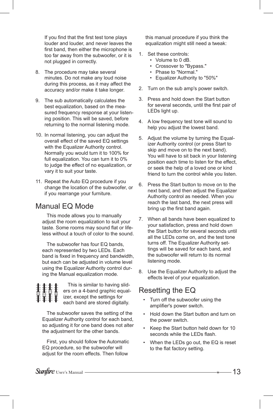 Manual eq mode, Resetting the eq | Sunfire Subrosa SRS-210R User Manual | Page 13 / 24