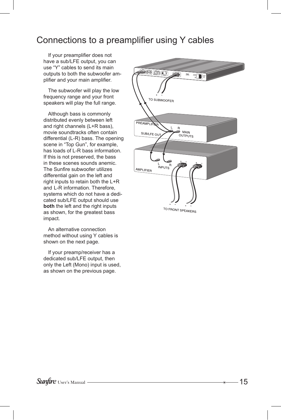 Connections to a preamplifier using y cables | Sunfire Subrosa SRS-210R User Manual | Page 15 / 24