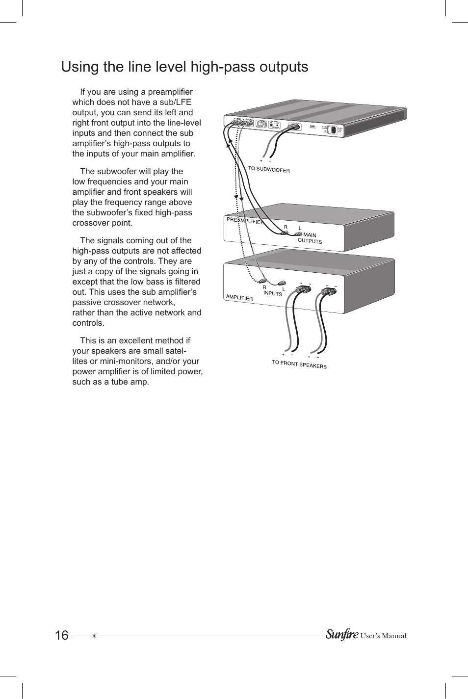Using the line level high-pass outputs | Sunfire Subrosa SRS-210R User Manual | Page 16 / 24
