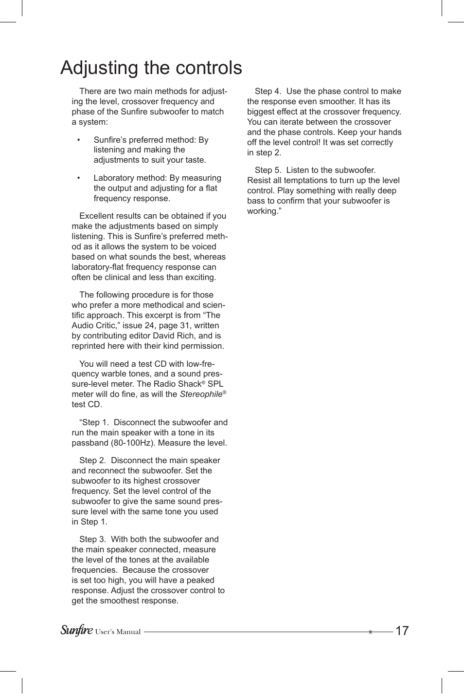 Adjusting the controls | Sunfire Subrosa SRS-210R User Manual | Page 17 / 24