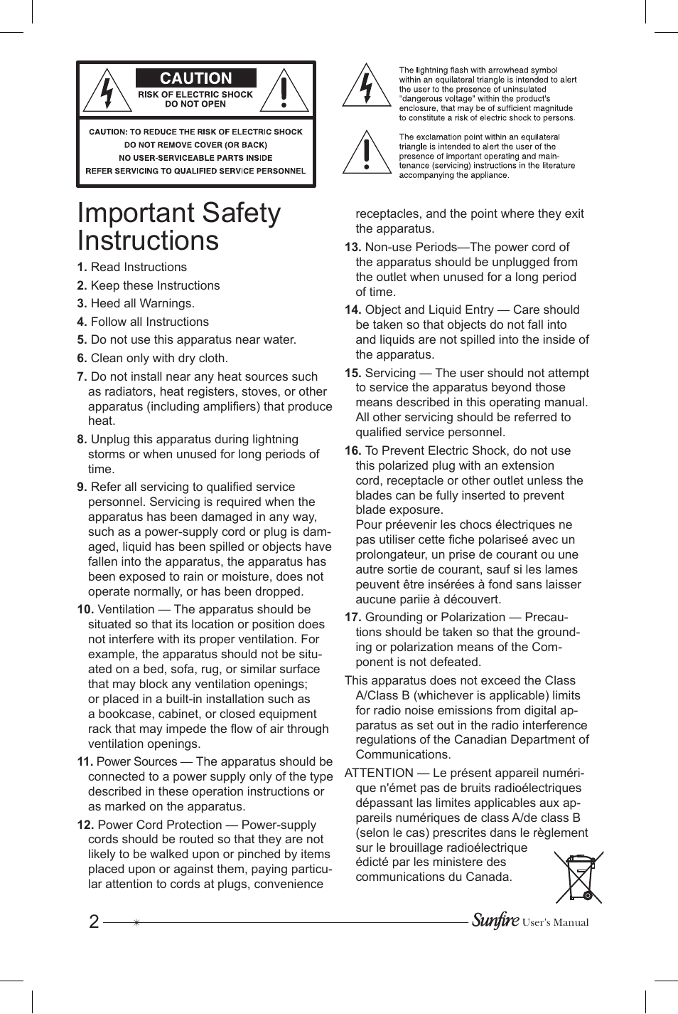 Important safety instructions | Sunfire Subrosa SRS-210R User Manual | Page 2 / 24