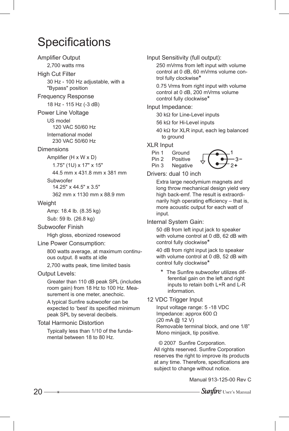 Specifications | Sunfire Subrosa SRS-210R User Manual | Page 20 / 24