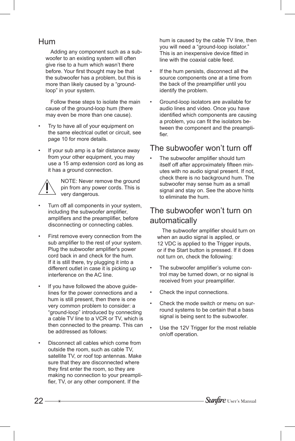 The subwoofer won’t turn off, The subwoofer won’t turn on automatically | Sunfire Subrosa SRS-210R User Manual | Page 22 / 24