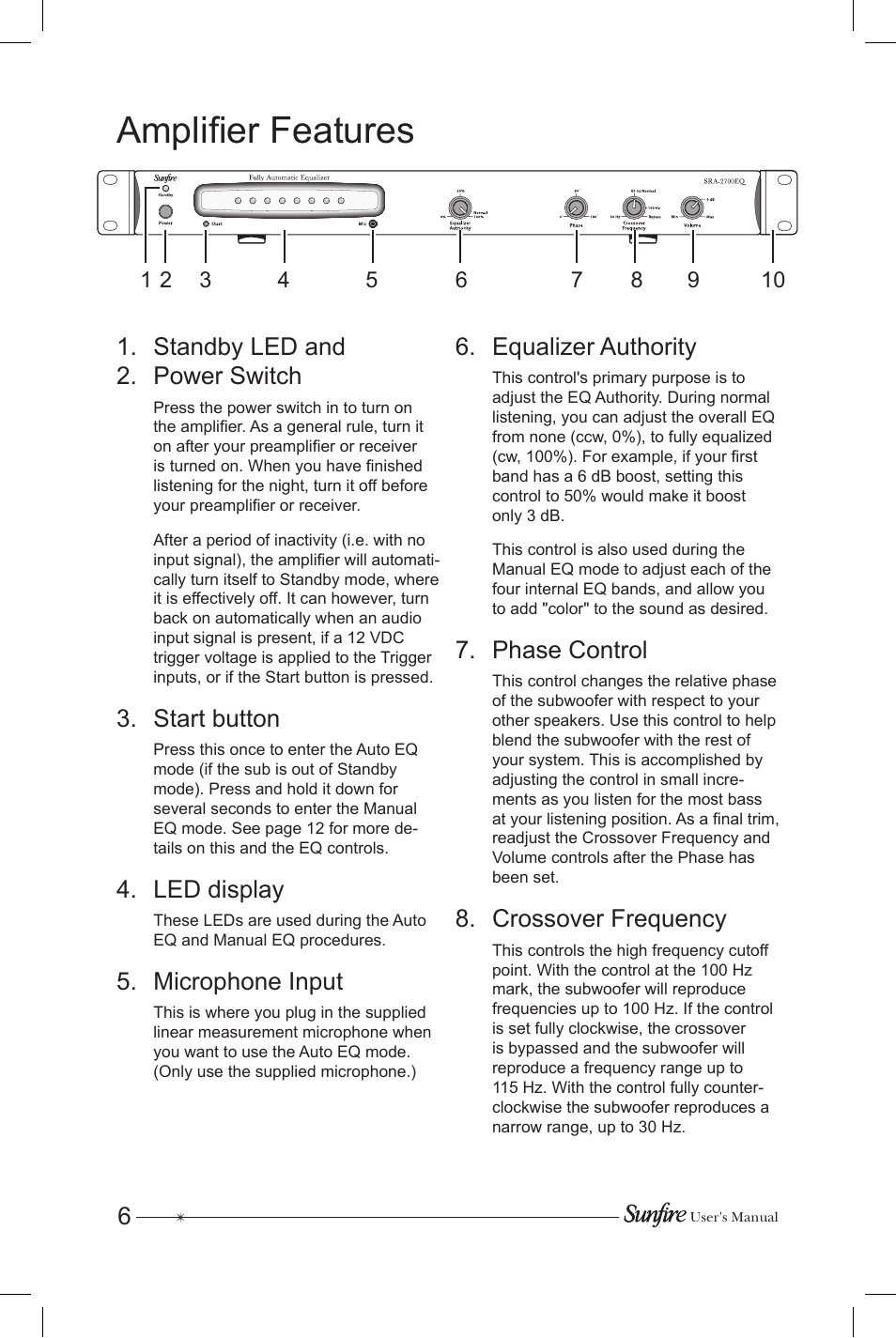 Amplifier features, Standby led and . power switch, Start button | Led display, Microphone input, Equalizer authority, Phase control, Crossover frequency | Sunfire Subrosa SRS-210R User Manual | Page 6 / 24