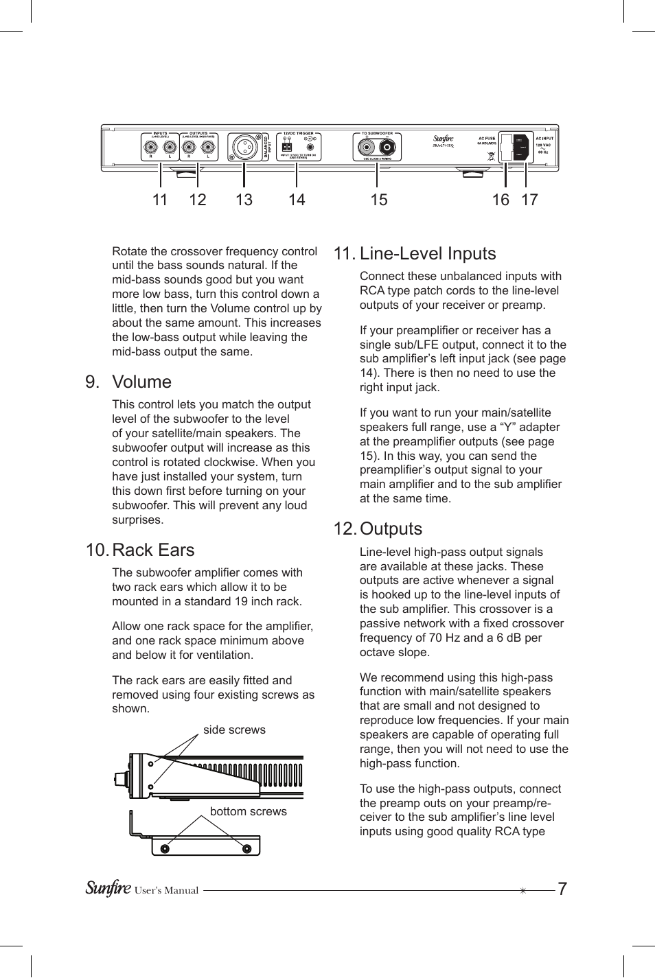 Volume, Rack ears, Line-level inputs | 1. outputs | Sunfire Subrosa SRS-210R User Manual | Page 7 / 24