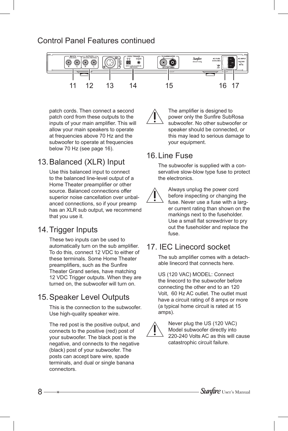 Control panel features continued, Balanced (xlr) input, Trigger inputs | Speaker level outputs, Line fuse, Iec linecord socket | Sunfire Subrosa SRS-210R User Manual | Page 8 / 24