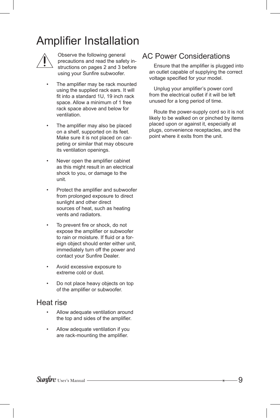 Amplifier installation, Heat rise, Ac power considerations | Sunfire Subrosa SRS-210R User Manual | Page 9 / 24