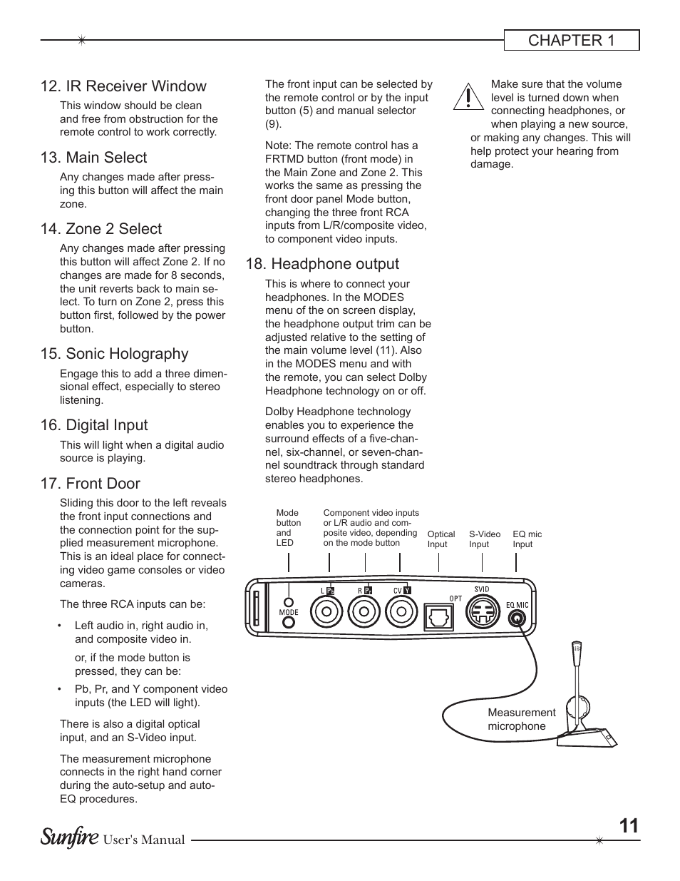 Chapter 1 12. ir receiver window, Main select, Zone 2 select | Sonic holography, Digital input, Front door, Headphone output | Sunfire Theater Grand Receiver TGR-401-230 User Manual | Page 11 / 68