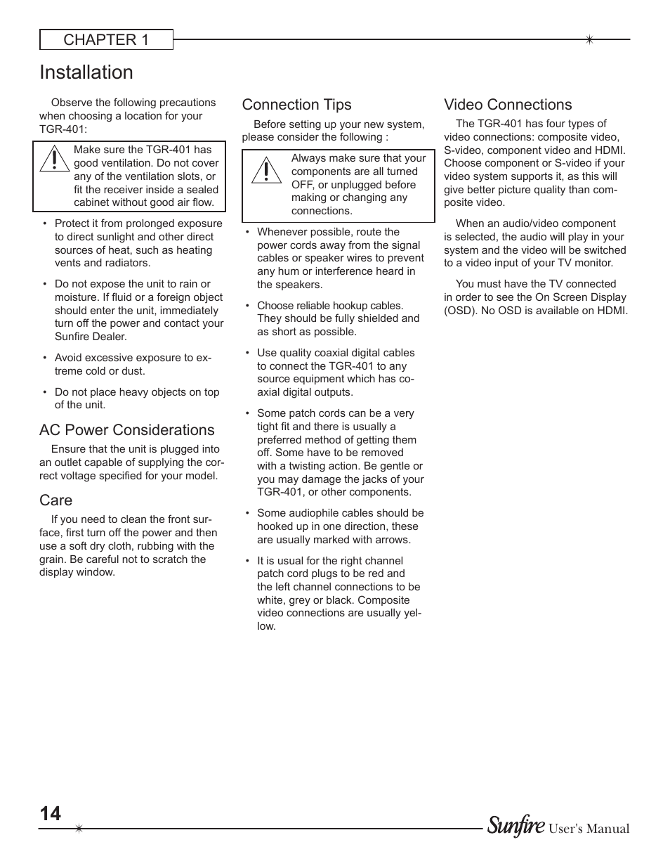 Installation, Chapter 1, Ac power considerations | Care, Connection tips, Video connections | Sunfire Theater Grand Receiver TGR-401-230 User Manual | Page 14 / 68