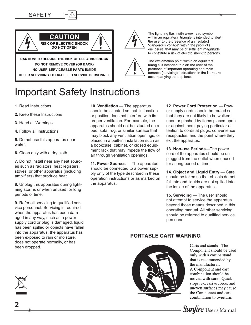 Important safety instructions, Safety | Sunfire Theater Grand Receiver TGR-401-230 User Manual | Page 2 / 68