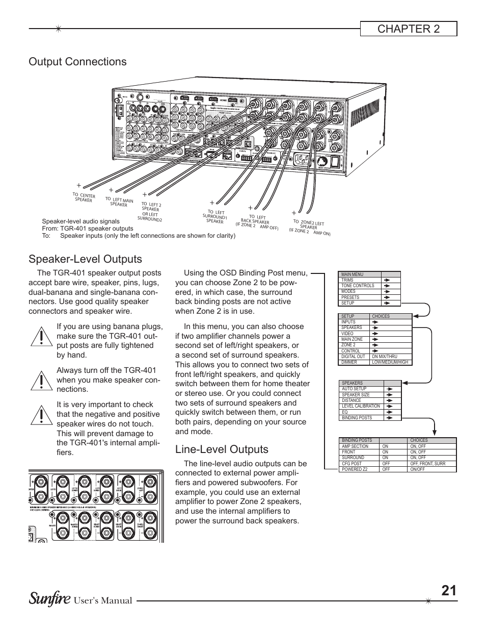 Chapter 2 output connections, Speaker-level outputs, Line-level outputs | User's manual | Sunfire Theater Grand Receiver TGR-401-230 User Manual | Page 21 / 68