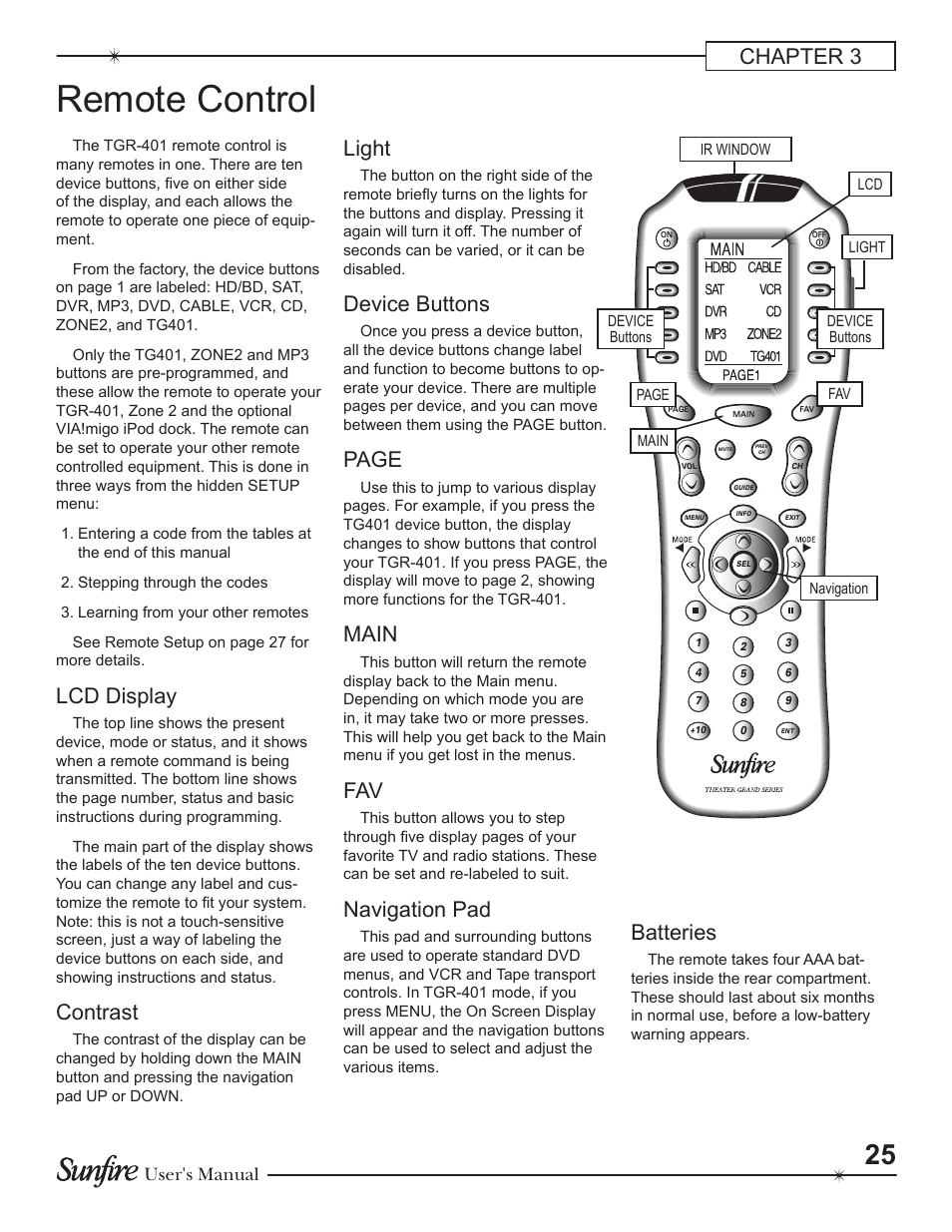 Remote control, Chapter 3, Lcd display | Contrast, Light, Device buttons, Page, Main, Navigation pad, Batteries | Sunfire Theater Grand Receiver TGR-401-230 User Manual | Page 25 / 68