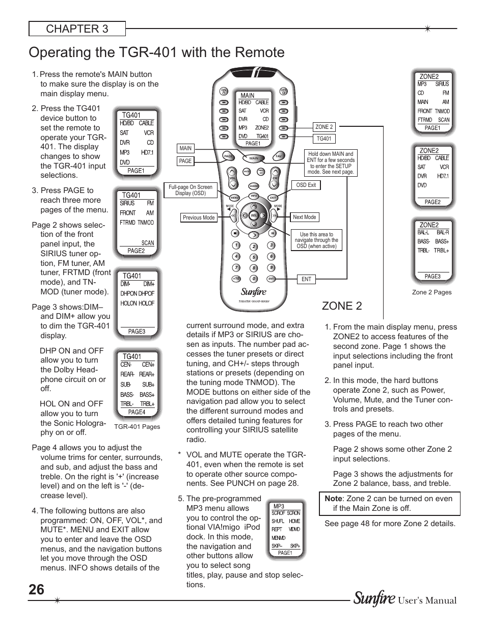 Operating the tgr-401 with the remote, Chapter 3, Zone 2 | User's manual | Sunfire Theater Grand Receiver TGR-401-230 User Manual | Page 26 / 68