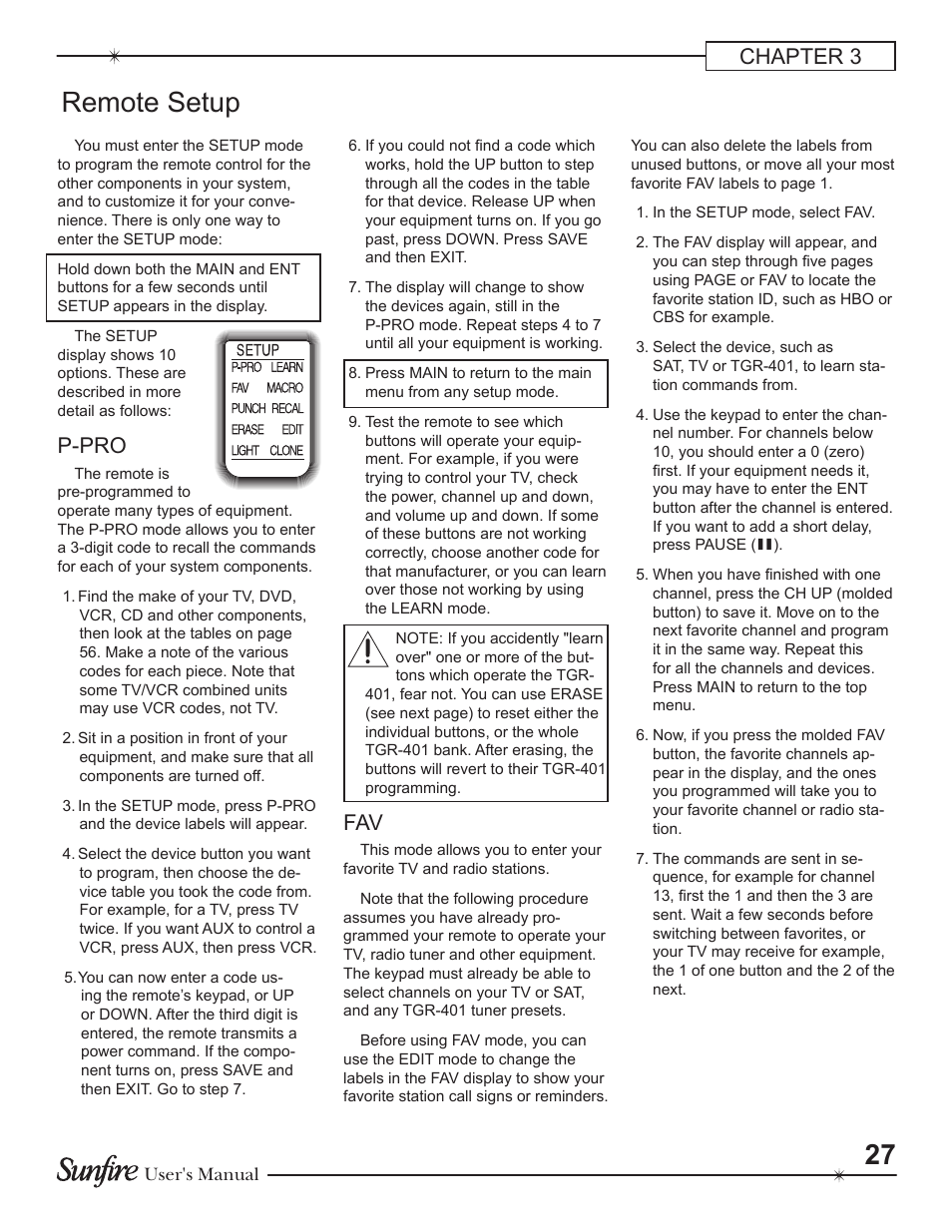 Remote setup, Chapter 3, P-pro | Sunfire Theater Grand Receiver TGR-401-230 User Manual | Page 27 / 68